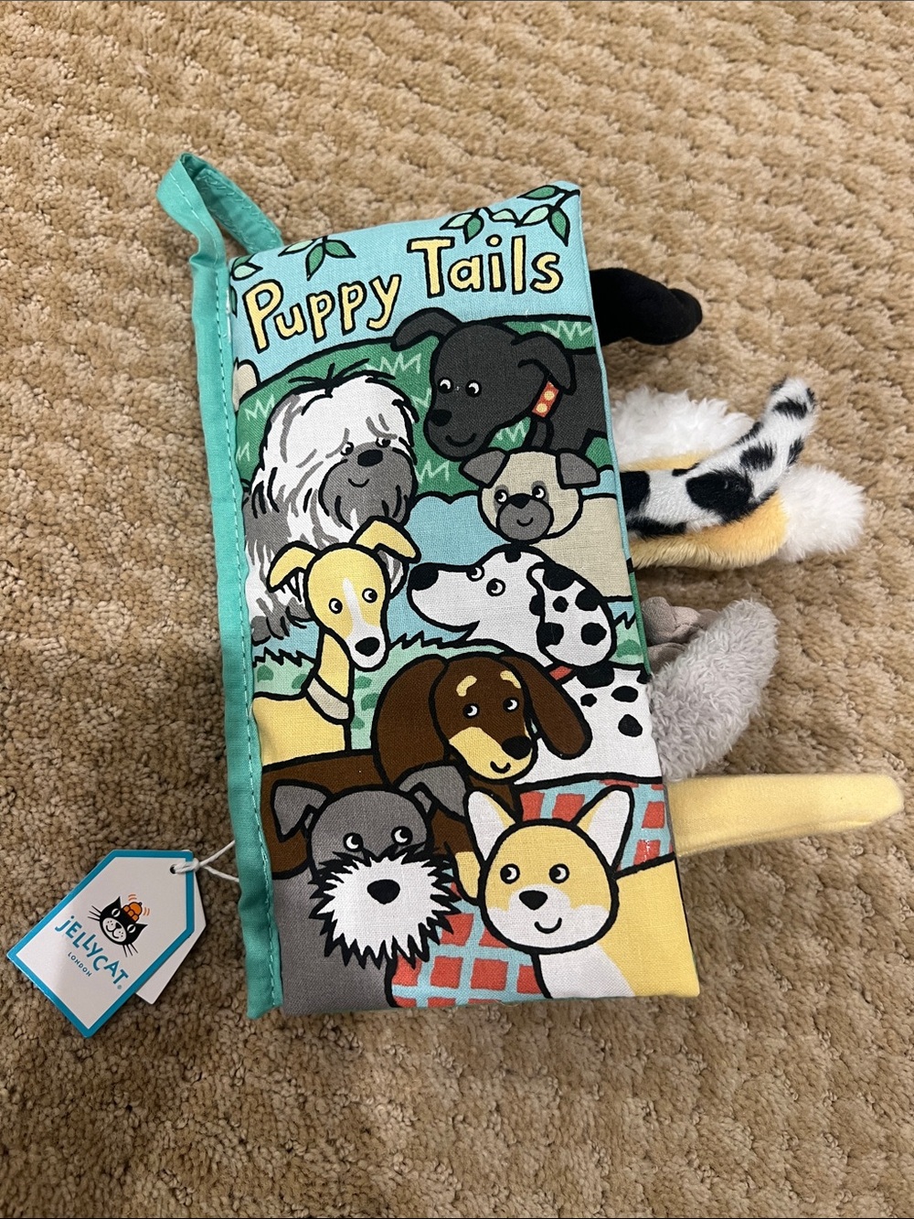 Jellycat Puppy Tails Soft Activity Book - Teal, Yellow, Black, White, Brown